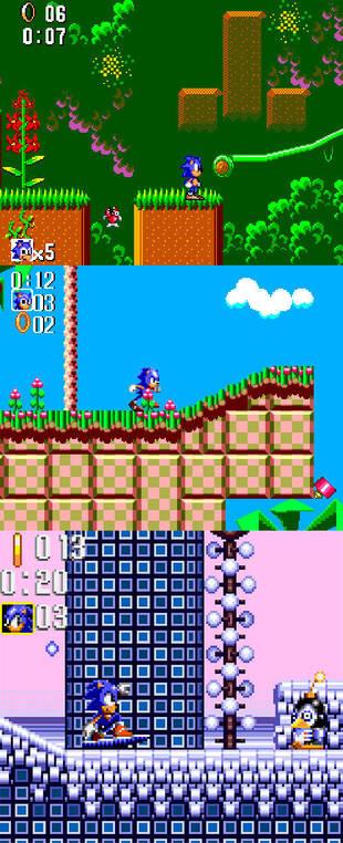 Tres juegos de 8-Bits: el primer Sonic, Chaos y Triple Trouble.
