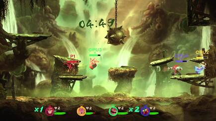 El modo batalla es una especie de Super Smash Bros., que se puede jugar en solitario o a través de internet para cuatro jugadores, e incluso con bots.