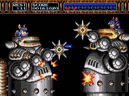 Duelo de mechas porcinos, pilotados por Sparkster y su rival, Axel Gear.