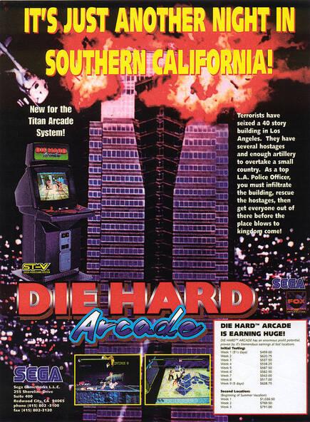 El flyer de la recreativa mostraba la Torre Nakatomi en toda su gloria, pero no el rostro de Willis (para no soltarle pasta).