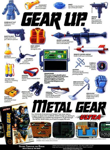 La publicidad del Metal Gear de NES presumía de todos los objetos que íbamos a necesitar para cumplir la misión.