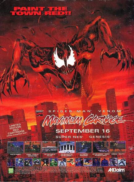 Una publicidad de 'Spider-Man and Venom: Maximum Carnage' (1994, Acclaim Entertainment).