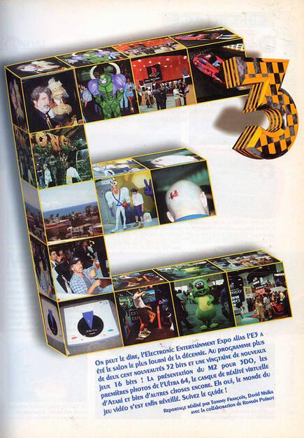 CD Consoles (Francia). Inicio del artículo dedicado a los juegos del E3 1995 con imágenes de Spielberg, Lucas, Earthworm Jim 2, Killer Instinct...