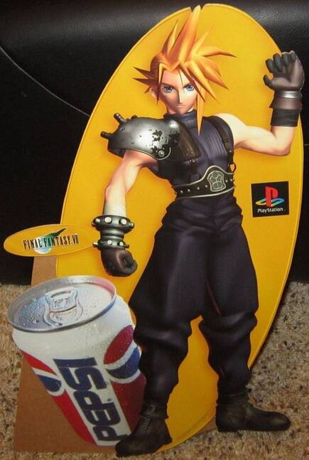 Las campañas de publicidad fueron parte clave del lanzamiento de Final Fantasy VII, incluyendo acuerdos con compañías como Pepsi. Como curiosidad, podéis ver a Cloud en su conocida pose pero sin su conocida espada.