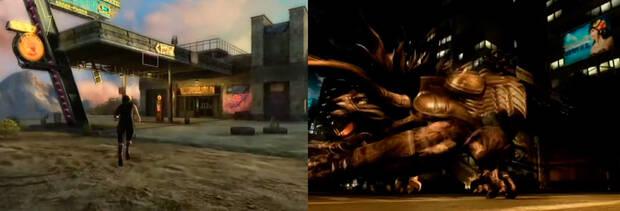 Noctis encuentra una gasolinera en Versus XIII (PS3). A la derecha, luchando contra un Bégimo acorazado.