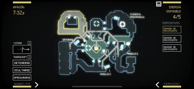 Nuestra pantalla principal es el mapa de cada zona. En los intrincados pasillos, el punto blanco representa a los humanos, y el rojo… ¡Al alien!