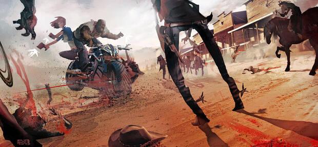 En esta ilustración de Xavier Etchepare, Ari y otro personaje disparan desde una moto en el Salvaje Oeste, en lo que podría haber sido una de las tradicionales fases sobre vehículos del género.
