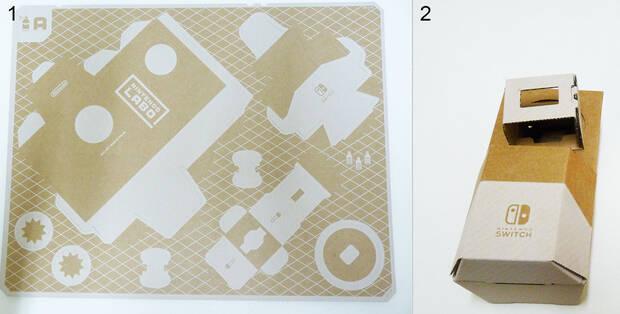 Como los demás Nintendo Labo, el Kit 3 llega en láminas (1) de las que hay que extraer las piezas. Es casi imposible equivocarse en la pieza o los dobleces. En este caso una sola lámina sirve para crear el bote de espray (2).