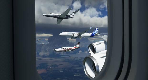 Desde la vista de cabina podemos girar la cámara con libertad y observar el interior. También se puede pausar la acción (dejando el avión suspendido en el aire) y usar una vista de dron para realizar fotografías espectaculares.