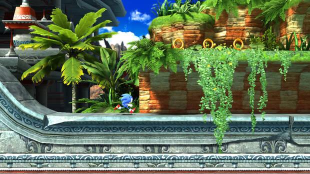 Seaside Hill de Sonic Heroes en versión 2D. Sonic Team tuvo que imaginar, utilizando texturas y decoración del juego en 3D, cómo sería un recorrido al estilo 16 bits.