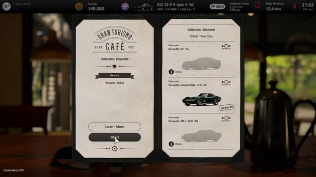 Un vistazo al 'menú' que nos propone Gran Turismo Café. ¿Podrás coleccionar los tres coches que te piden?