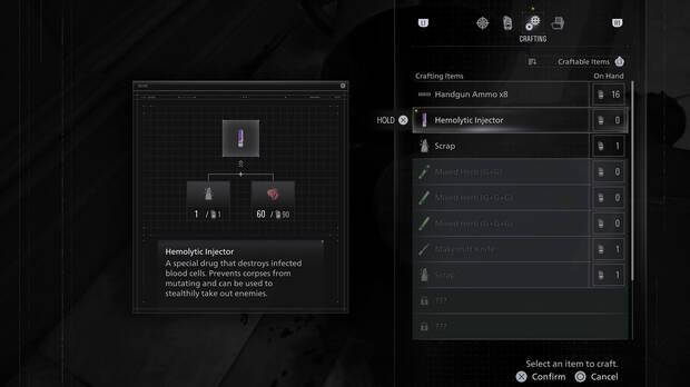 Una novedosa opci�n de crafteo nos permite crear un inyector hemol�tico que acaba con los enemigos, entre otros objetos.