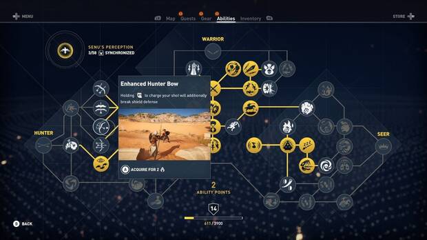 El árbol de habilidades es uno de los más complejos de la saga, y nos permitirá mejorar a Bayek de muchas maneras.