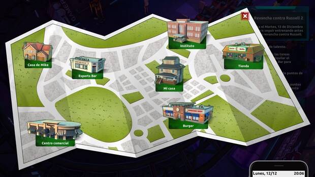 Desde este mapa podremos acceder a los diferentes lugares a nuestra disposición: nuestra casa, la escuela, el bar de esports…