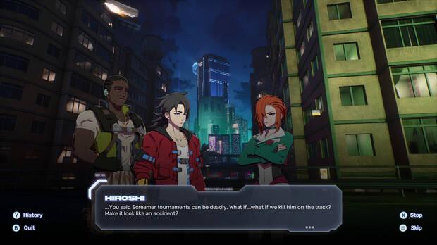 Hay m�ltiples di�logos durante en el modo principal, el Torneo Screamer, con una potente carga narrativa.