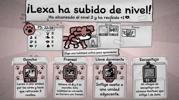 Los gatos van subiendo de nivel durante la 'run' y desbloqueas nuevas habilidades (activas y pasivas) que van d�ndole profundidad a su gameplay.