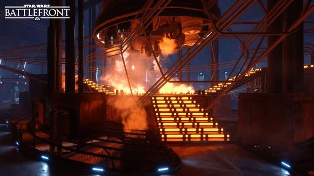 La cámara de carbonita de Bespin es uno de los mapas más cuidados y bonitos de todo el juego.