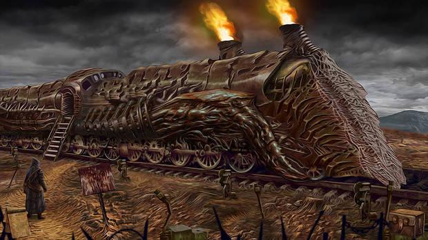 La simbologa y las influencias artsticas de Tormentum: Dark Sorrow son muy evidentes, y nos invitan a pensar en artistas como Giger o Luis Royo. El tren de la imagen, por ejemplo, es muy parecido a las mquinas extractoras de especia vistas en Dune.