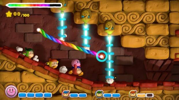 Jugando con cuatro jugadores, los Waddle Dees pueden coger a Kirby y ayudarle a cruzar los escenarios.