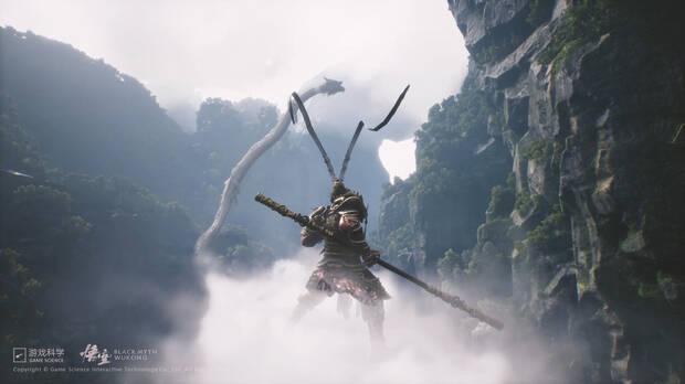 Sun Wukong sobre la nube voladora con el hijo del Rey Dragón del Mar del Oeste surcando los cielos.
