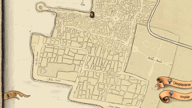 El mapa de la ciudad es bastante grande y está abierto desde el primer momento en los tres barrios: los arrabales al norte, el noble en el centro y el de la clase media, abajo.