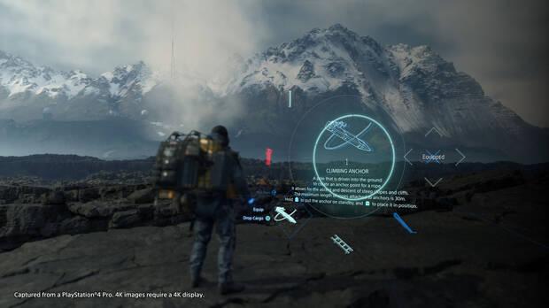 Kojima nos ha mostrado pequeños atisbo del inventario y de los objetos del juego, que nos ayudarán a explorar y sortear los accidentes geográficos del mundo.