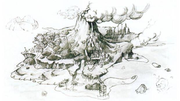 Ilustración temprana de mapa, con una isla y un pueblo abandonado que no aparecen en la versión final.