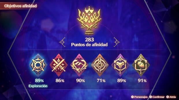 Tenemos una lista con los objetivos de afinidad que tenemos que cumplir. Como veis, se dividen en varias categorías distintas.