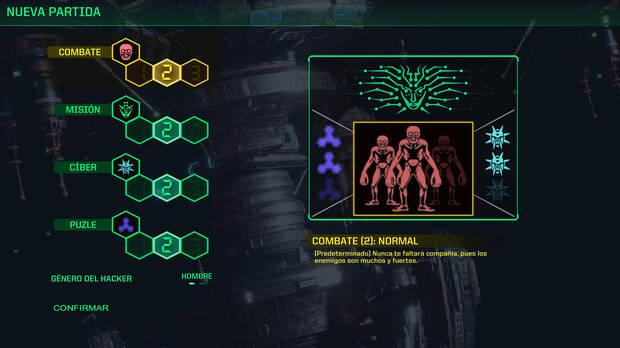 Al iniciar la partida puedes cambiar la dificultad de varios aspectos. Ahora, novedad en consolas y la última actualización de PC, también el género del hacker.