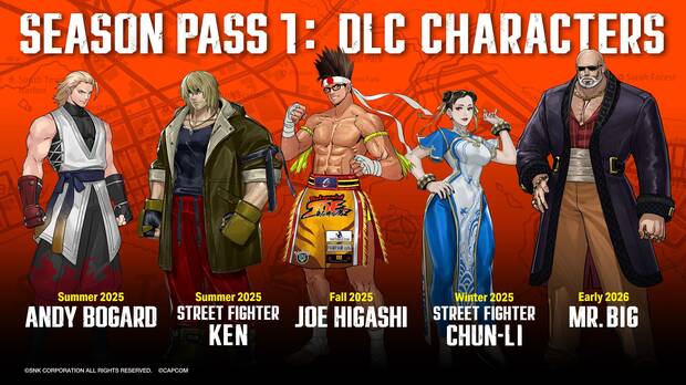 Los personajes descargables confirmados para la primera temporada son Andy Bogard, Joe Higashi, Mr. Big y dos invitados de Street Fighter: Ken y Chun-Li.