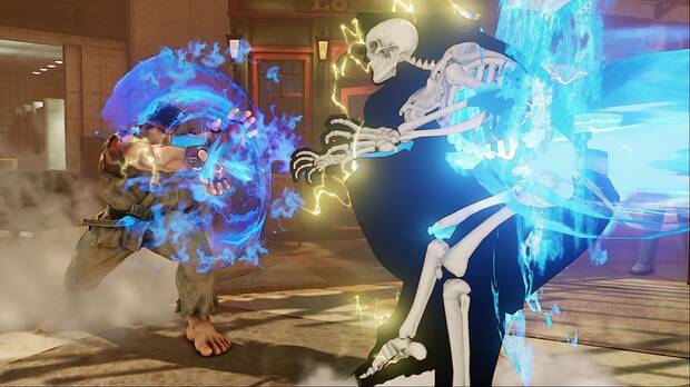 Cada personaje tiene un elemento asignado, que se ve reflejado en sus ataques con vistosos efectos. Por ejemplo en el caso de Chun-Li el agua, y en el de Ryu el rayo, como veis en la imagen.