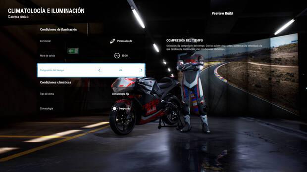 Podemos personalizar la luz inicial, la hora del día, la compresión del tiempo, el tipo de clima y la climatología de las carreras.