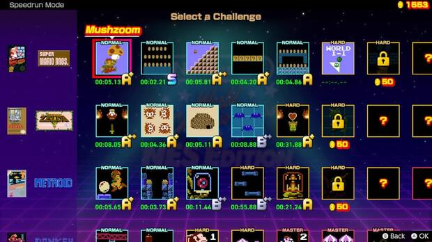 Asi es el menú de selección de prueba en el modo Speedrun.