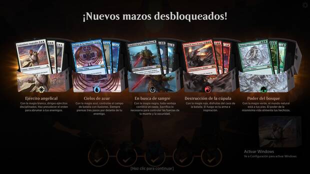 En 'Magic: Arena' desbloquearemos varios mazos distintos en los primeros minutos. Cada color tiene una función y un estilo de juego concreto.