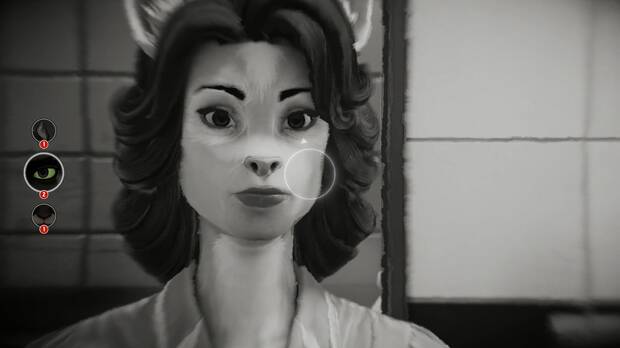 Los sentidos de gato indican que esta camarera oculta información que Blacksad puede detectar moviendo el cursor por la escena.