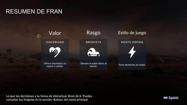 Tras cada capítulo hay un resumen que muestra 'cómo somos', y tras completar todo el juego podemos ver nuestros 'valores morales'.