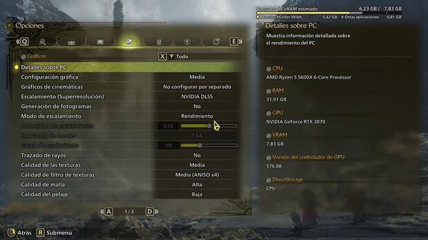 El men de opciones en PC muestra ahora de forma correcta el consumo de VRAM.