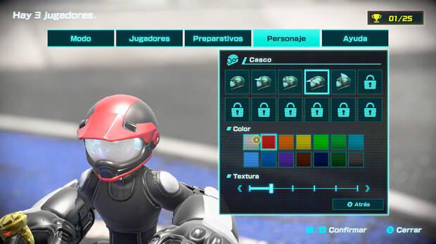 Podemos personalizar los colores de nuestro personaje y alternar entre los distintos cascos que hayamos desbloqueado.