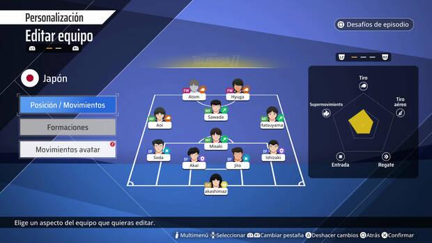 Podemos cambiar posiciones, formaciones y los movimientos especiales de nuestro avatar.