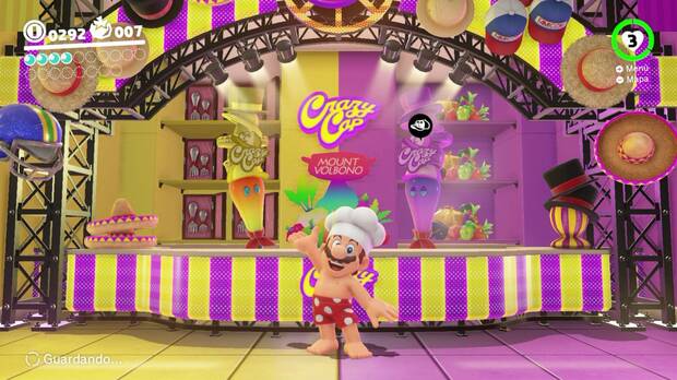 En las tiendas de cada mundo podemos desbloquear nuevos trajes y sombreros para Mario. El traje ya conocido como 'Mario pezones' ha sido una de las sensaciones de los últimos días.
