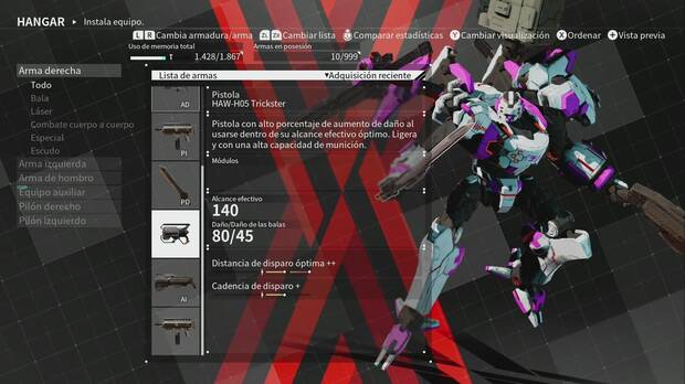 Podemos personalizar la cabeza, el pecho, los brazos y las piernas del mecha a nuestro gusto, en lo estético y en lo jugable. Las armaduras y las armas se pueden mejorar en la fábrica.