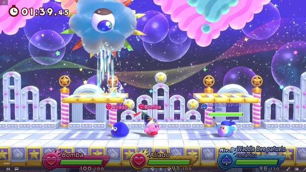 En el modo Historia debemos llegar a la cima de la Torre de los Aliados para acabar con Dedede y Meta Knight, una tarea para nada fácil de desempeñar.