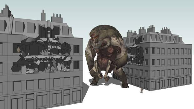Esta imagen, que parece un estudio del sistema de destrucción dinámica/modular en la que trabajó TRS, sirve también para que os hagáis una idea del tamaño de los jefes.