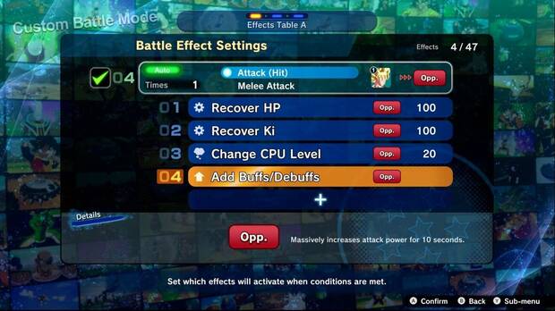 Algunas de las condiciones de combate que se pueden establecer en el prometedor modo Custom Battle.