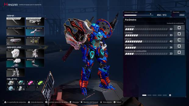 Hay multitud de opciones para crear el mecha, decorarlo y equipar el armamento que mejor se ajusta a nuestro estilo de combate.