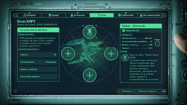 Poco a poco irs mejorando tus armas y el dron, que tiene mdulos para jugar de manera ms agresiva o distraer a nuestros enemigos.