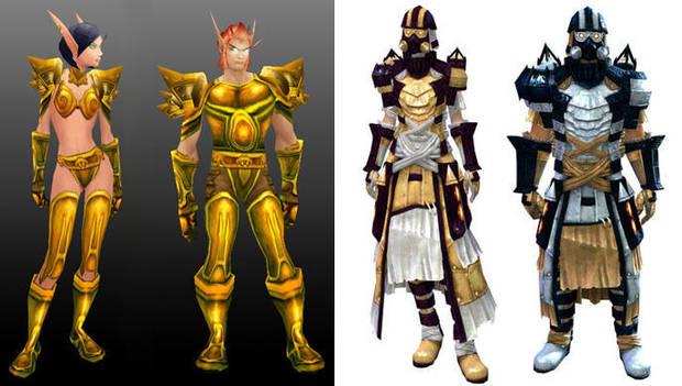 A la izquierda, la armadura Glorious original en personaje masculino y femenino de 'World of Warcraft'. A la derecha La Forjador ligera para ambos sexos en 'Guild Wars 2'.