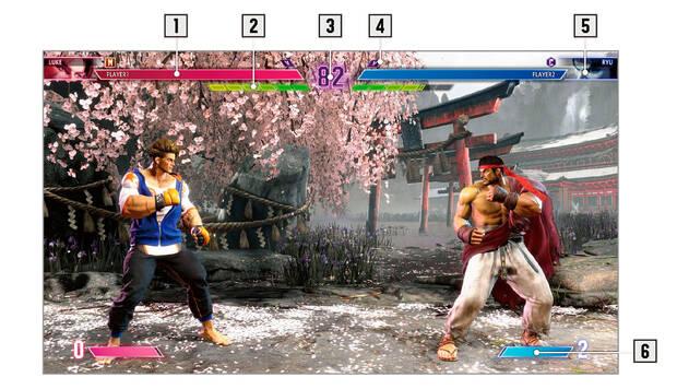 La pantalla de combate. El indicador Drive (2) se gasta al realizar ciertos movimientos y al agotarse se entra en estado 'Burnout' y serás castigado sin utilizar estas técnicas hasta que se rellene. La barra de Super Arts (6) tiene tres espacios que se re