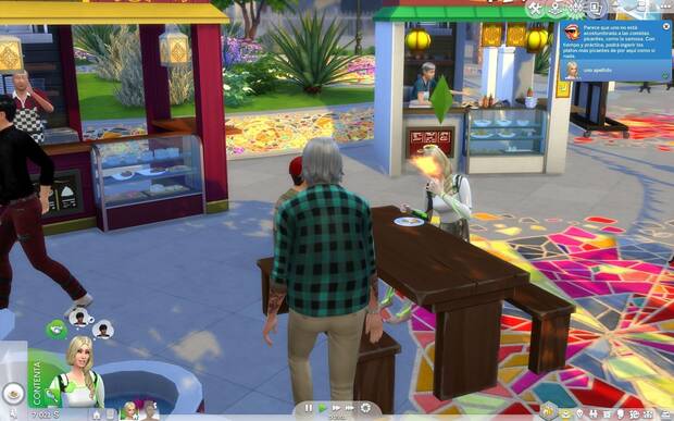 En San Myshuno puedes comer siempre en la calle, porque los puestos cierran pocas veces. Las comidas son bastante exóticas y algunas pueden ser muy picantes.