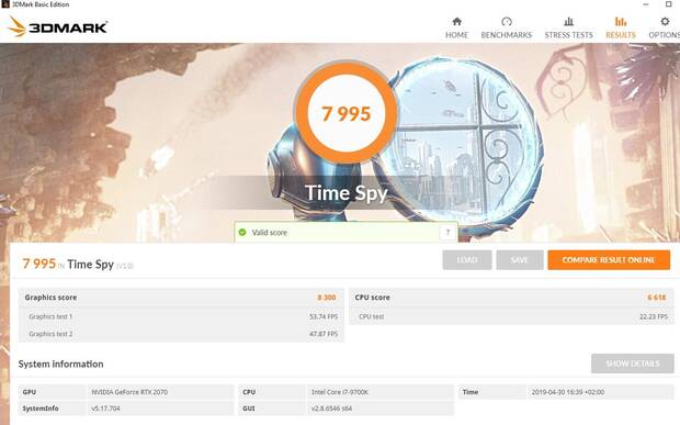 Resultado del HP OMEN Obelisk en 3DMark Time Spy.